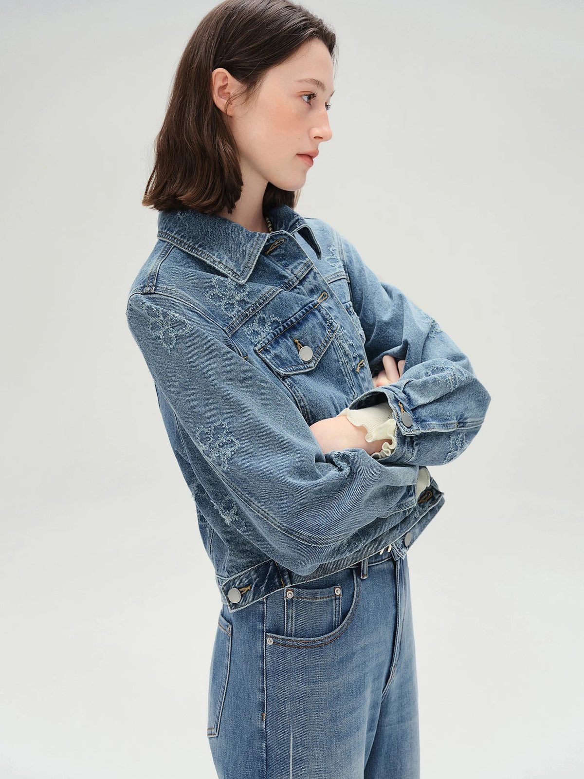 Plus Size Fringed Floral Denim Jacket & Skirt Set