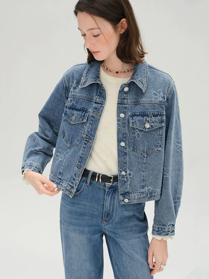 Plus Size Fringed Floral Denim Jacket & Skirt Set